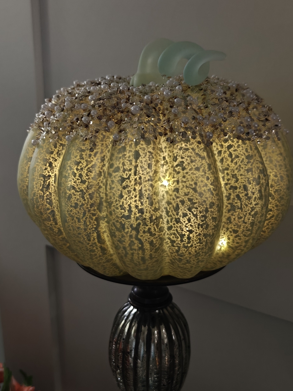 Valerie Parr Hill Lit Pearl Glittered Mercury Glass Pumpkin Sea Glass Sage Green - Picture 2 of 3